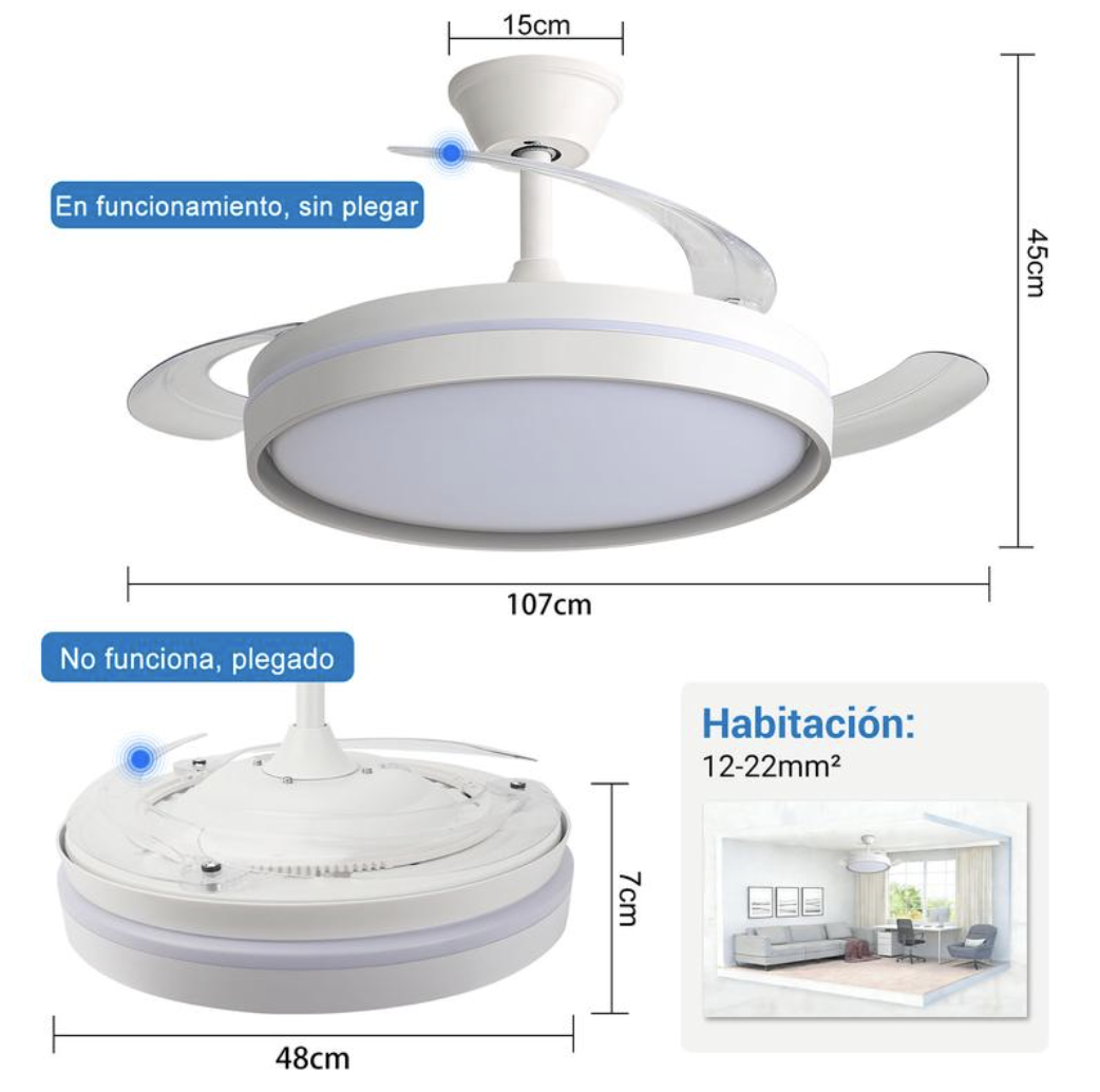 Dimensiones del ventilador: 107 cm de diámetro, 45 cm de alto, 7 cm plegado